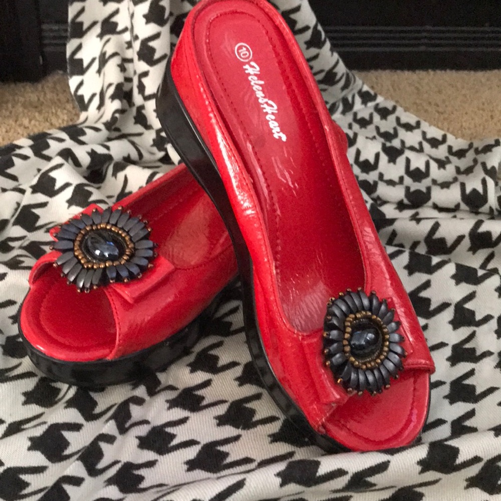 Red Platform peep toe mule sandals